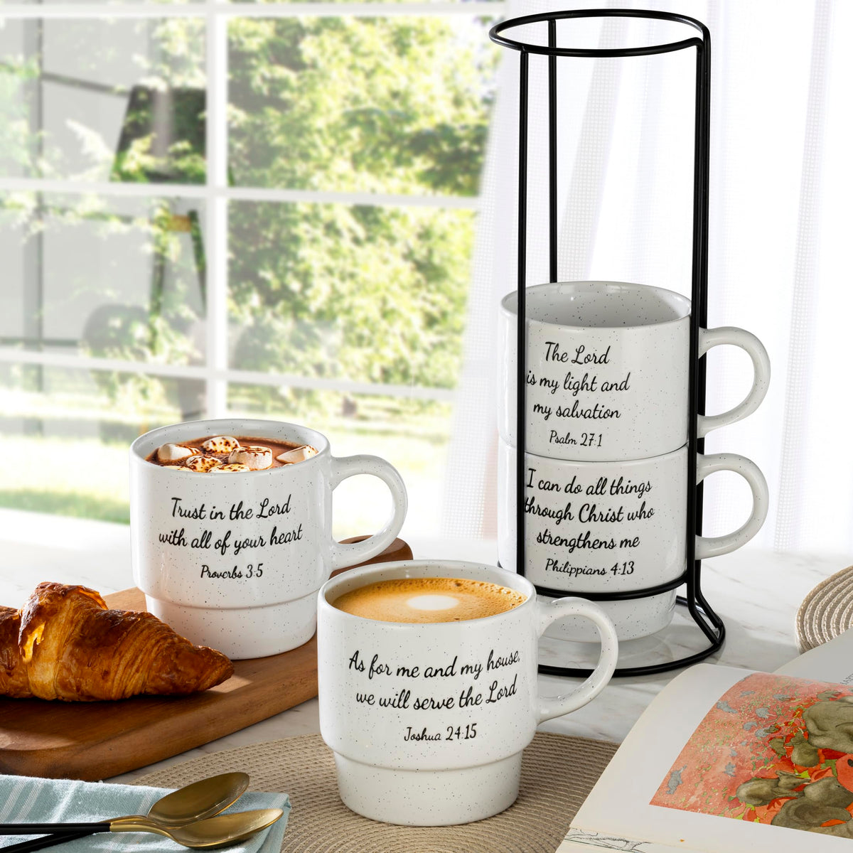 Signature Housewares four-mug set in durable stoneware for everyday use