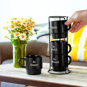 Signature Housewares matte black mug closeup highlights durable stoneware.