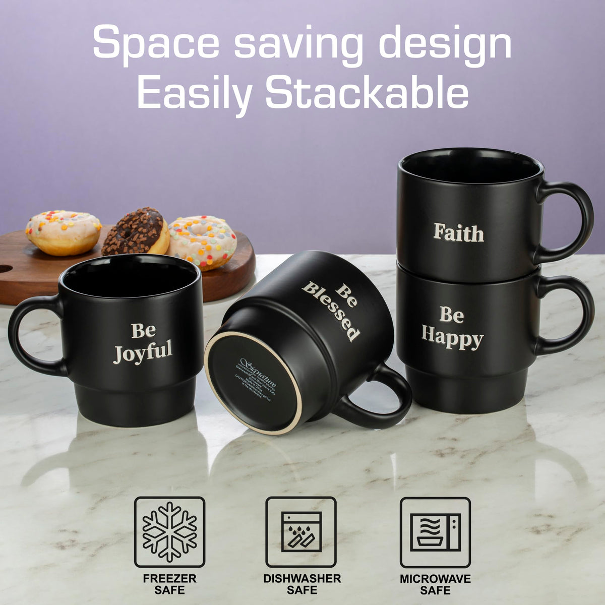 Signature Housewares mug tower on kitchen counter shows compact storage.