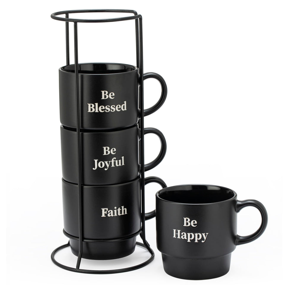 Signature Housewares stackable mug tower on a counter saves space for coffee lovers.
