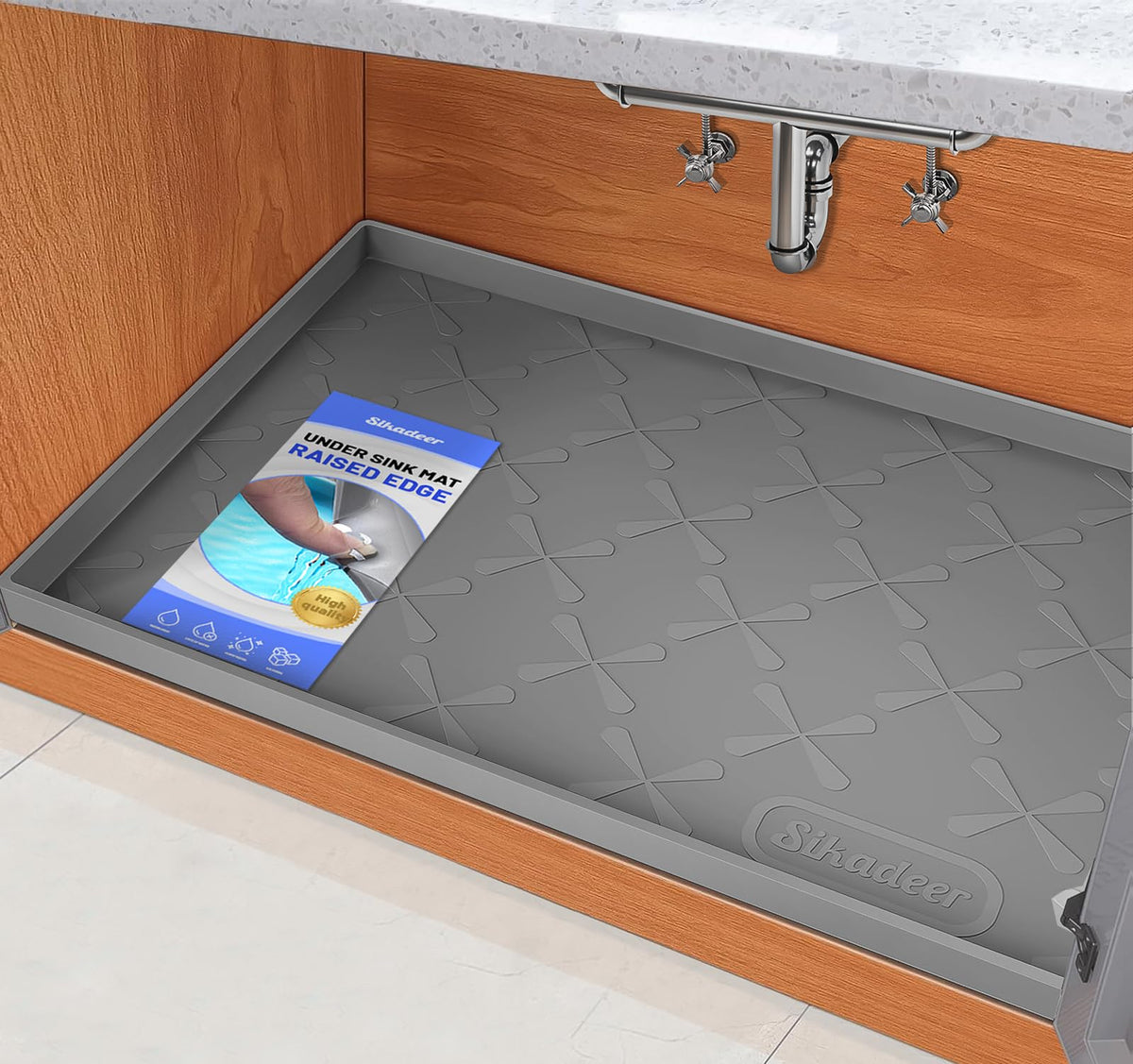 SIKADEER under-sink mat with raised edges protects cabinets from spills