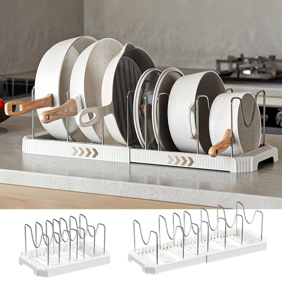 Silanit expandable pot organizer with extended base for tidy cookware.
