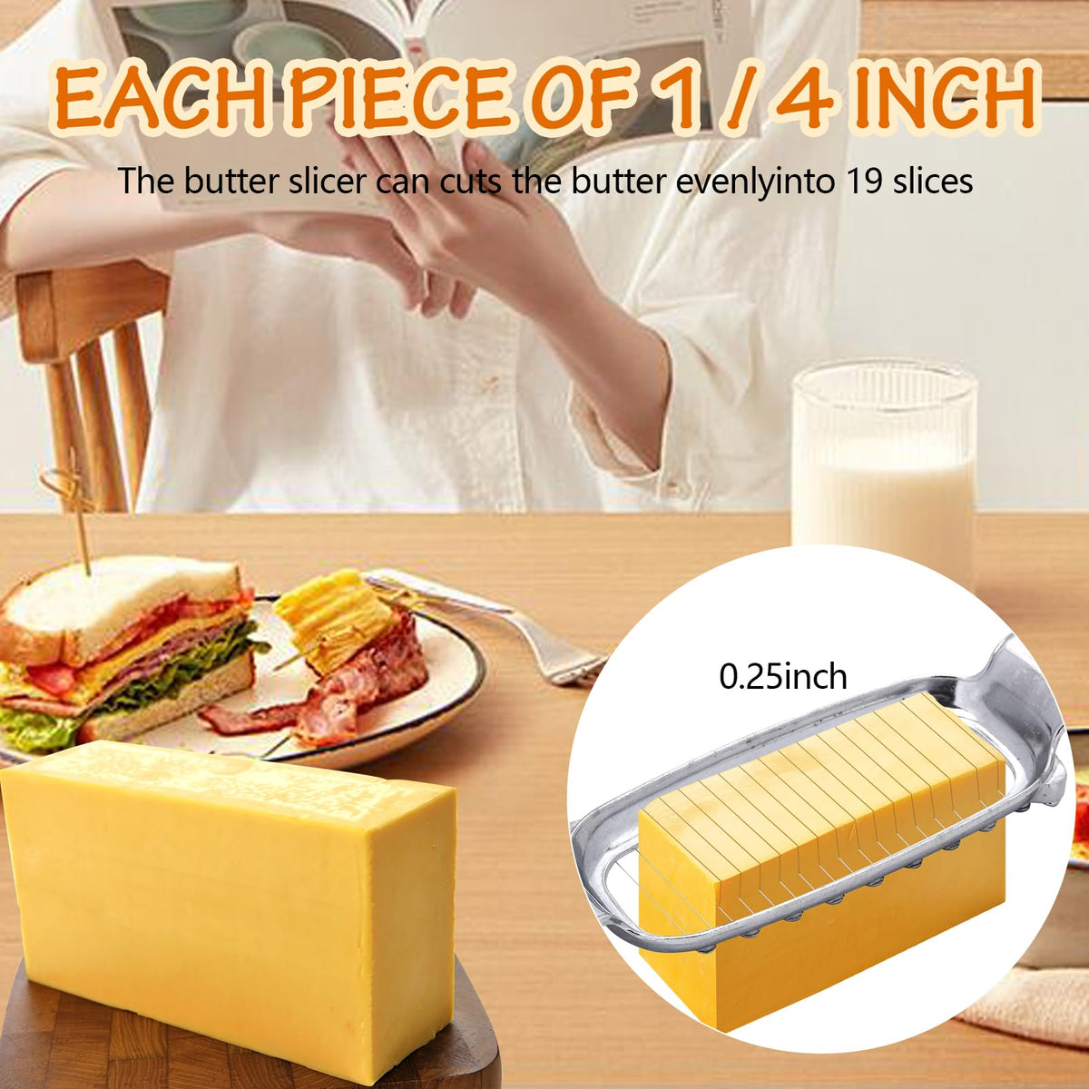 Silbingan butter and cheese slicer in use, creating uniform portions.