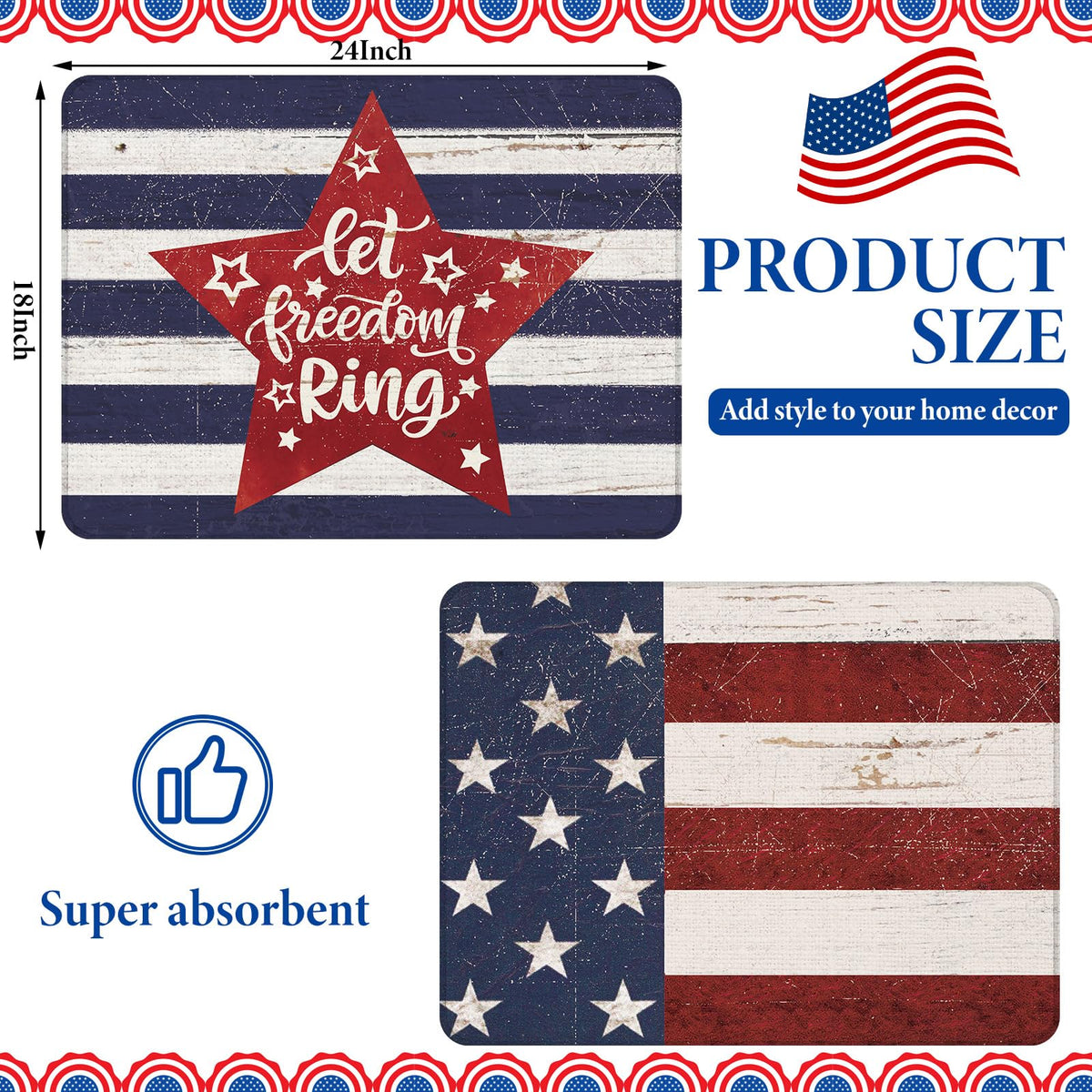 Red white blue design adds festive style while drying dishes.