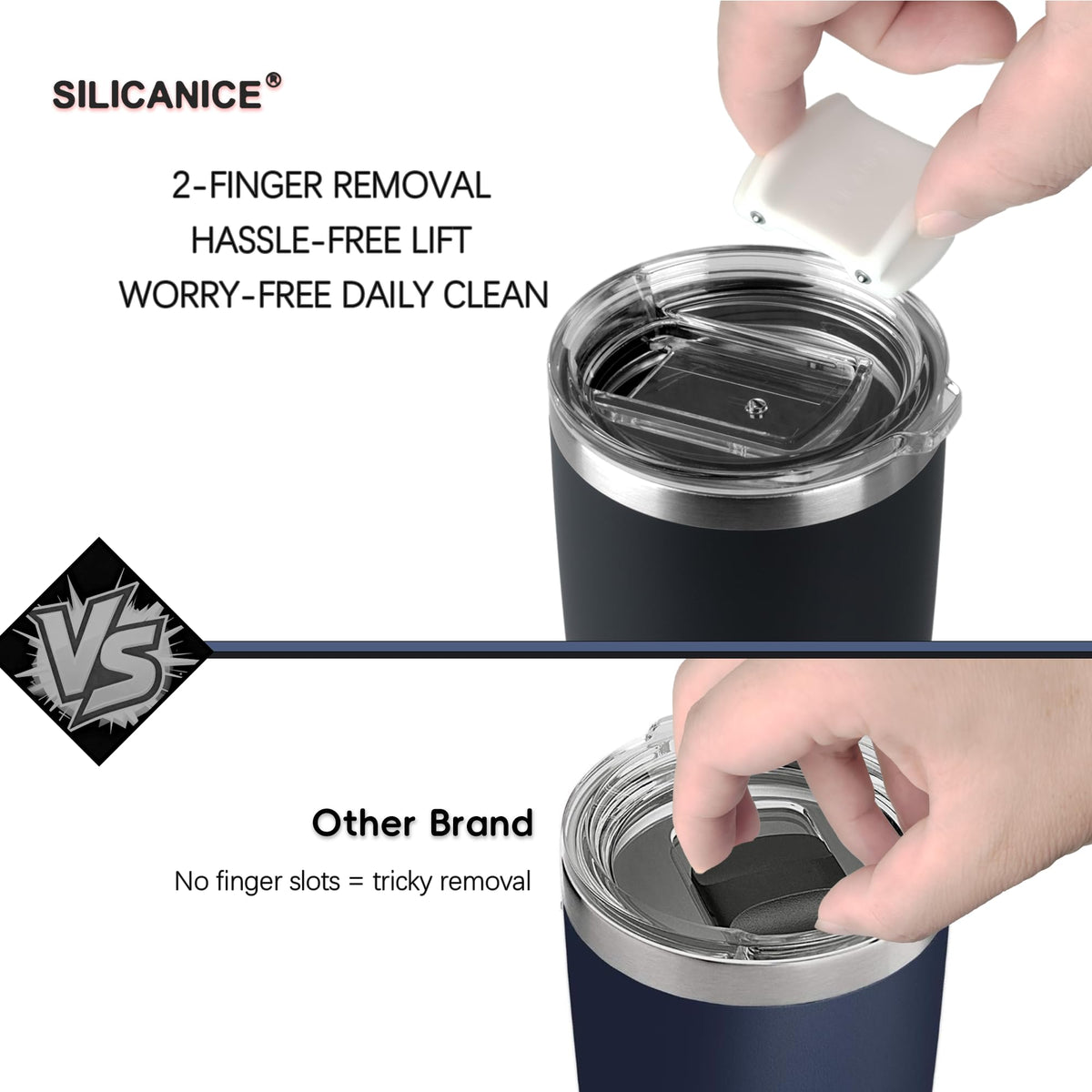 Silicanice easy-on/easy-off slider lid shown in use