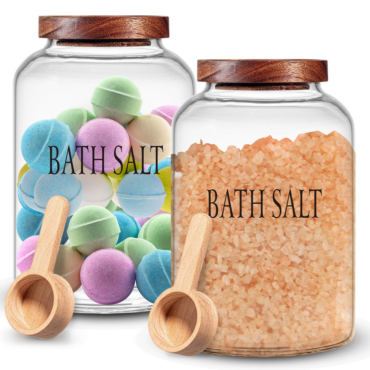 SiliFine glass bath salt jar with wooden scoop for organized bathroom storage