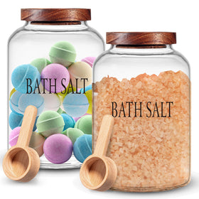 SiliFine glass bath salt jar with wooden scoop for organized bathroom storage
