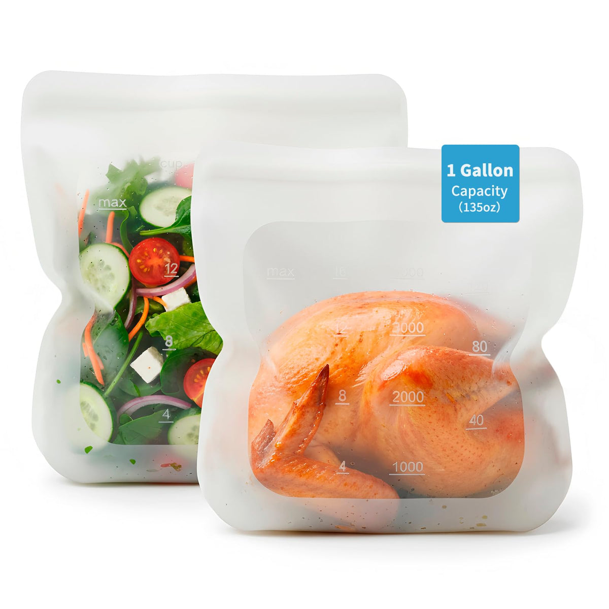 SiliSea 135oz gallon bags front view for easy portion prep and visibility.