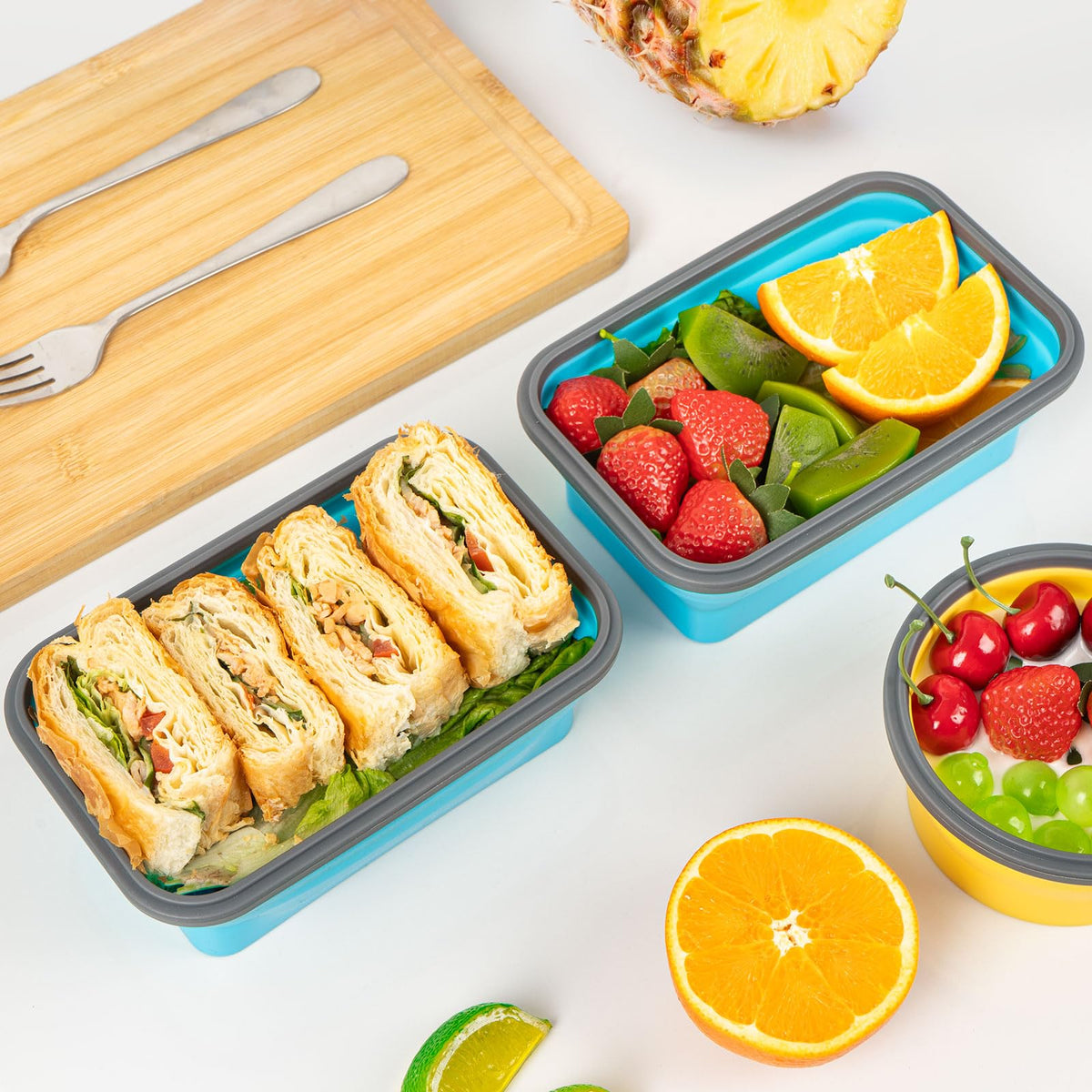SiliSea blue container in fridge storing leftovers.