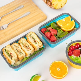 SiliSea blue container in fridge storing leftovers.