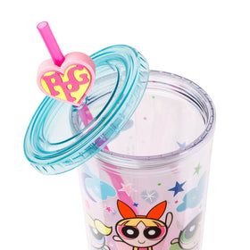 Silver Buffalo blue lid pink straw design enables easy, mess-free beverages.