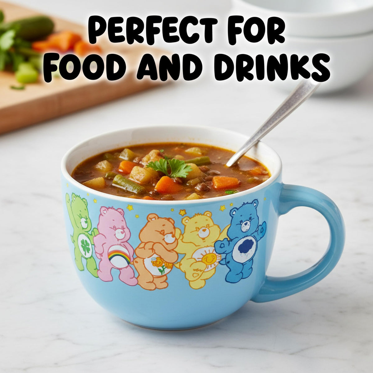 Silver Buffalo Care Bears mug front view with Funshine Bear, vibrant kitchen display.