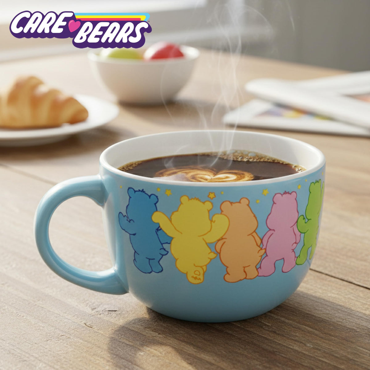 Silver Buffalo Care Bears mug front view with Grumpy Bear, playful breakfast companion.