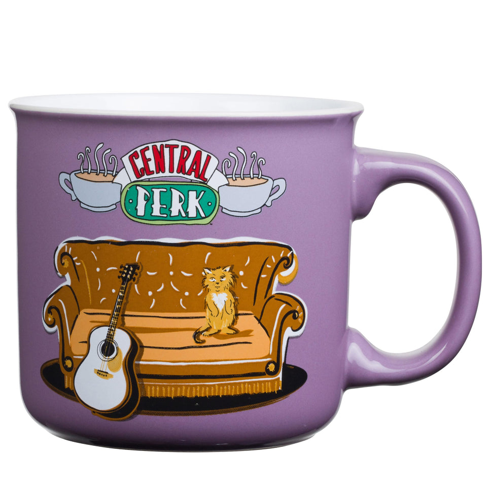 Silver Buffalo Central Perk Smelly Cat 20oz camper mug for outdoor coffee.