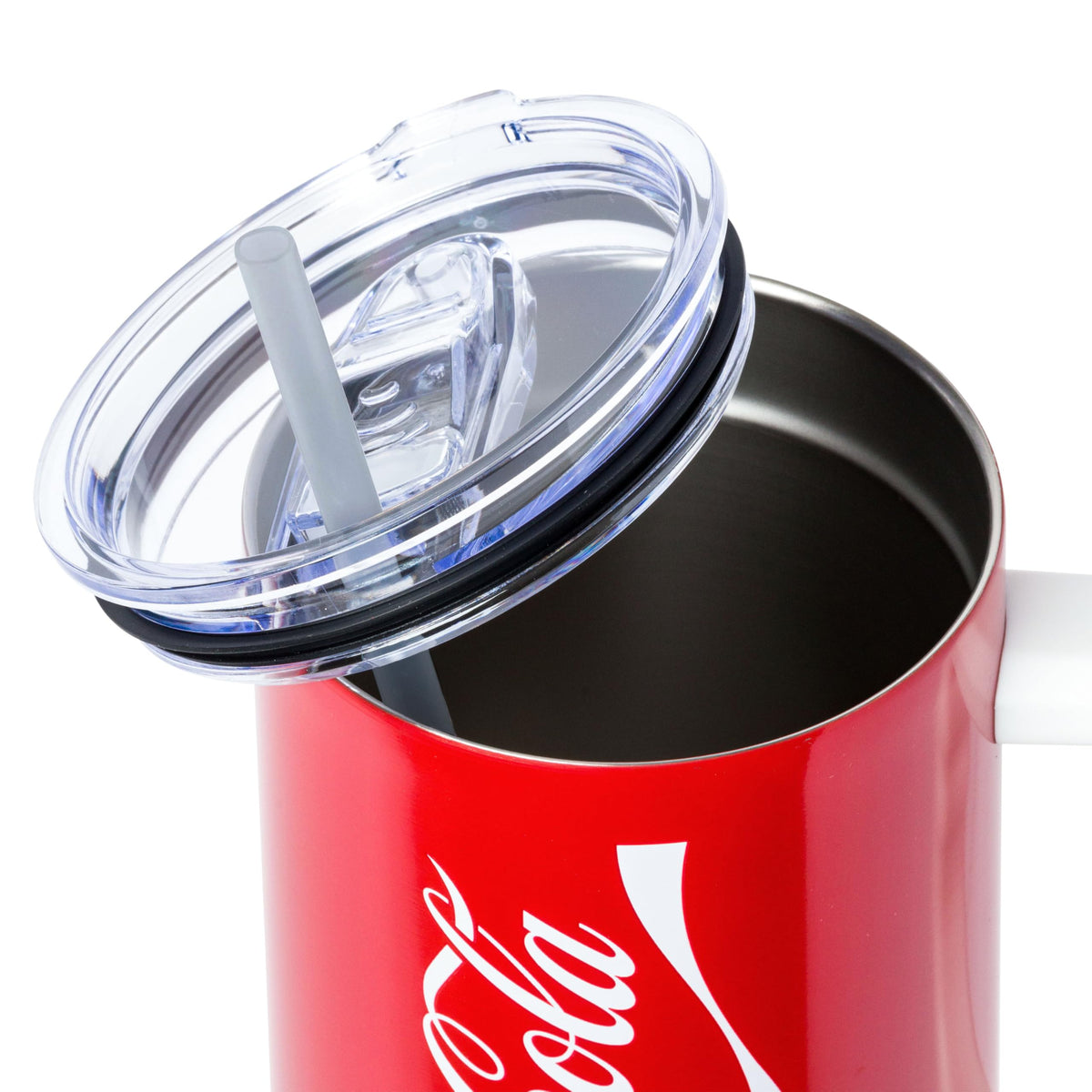 Silver Buffalo Coca-Cola tumbler handle close-up, showcasing durable design for travel and daily use.