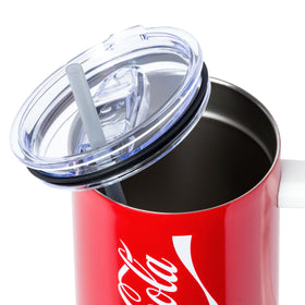 Silver Buffalo Coca-Cola tumbler handle close-up, showcasing durable design for travel and daily use.