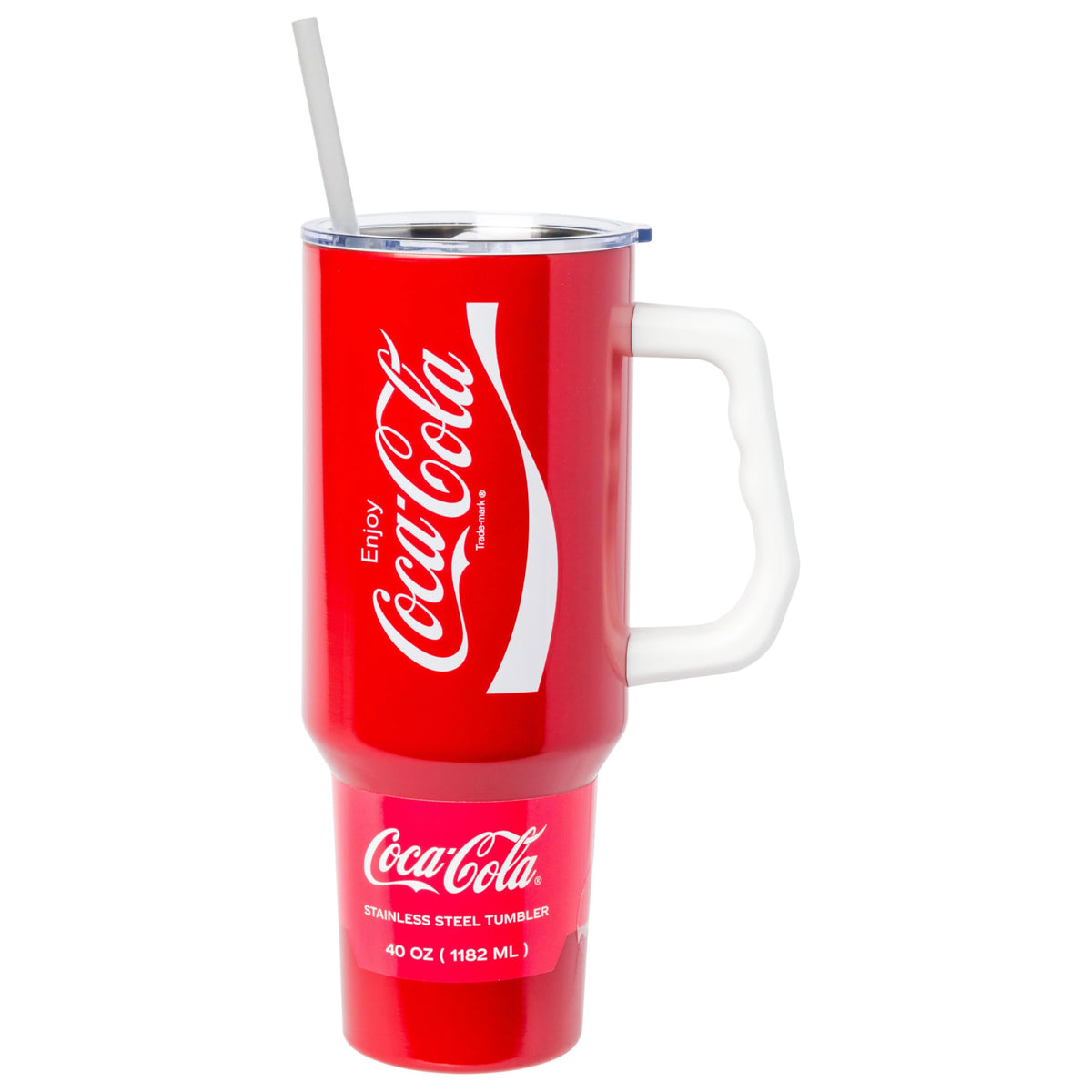 Silver Buffalo Coca-Cola tumbler with side logo in red and white, ideal for on-the-go hydration.