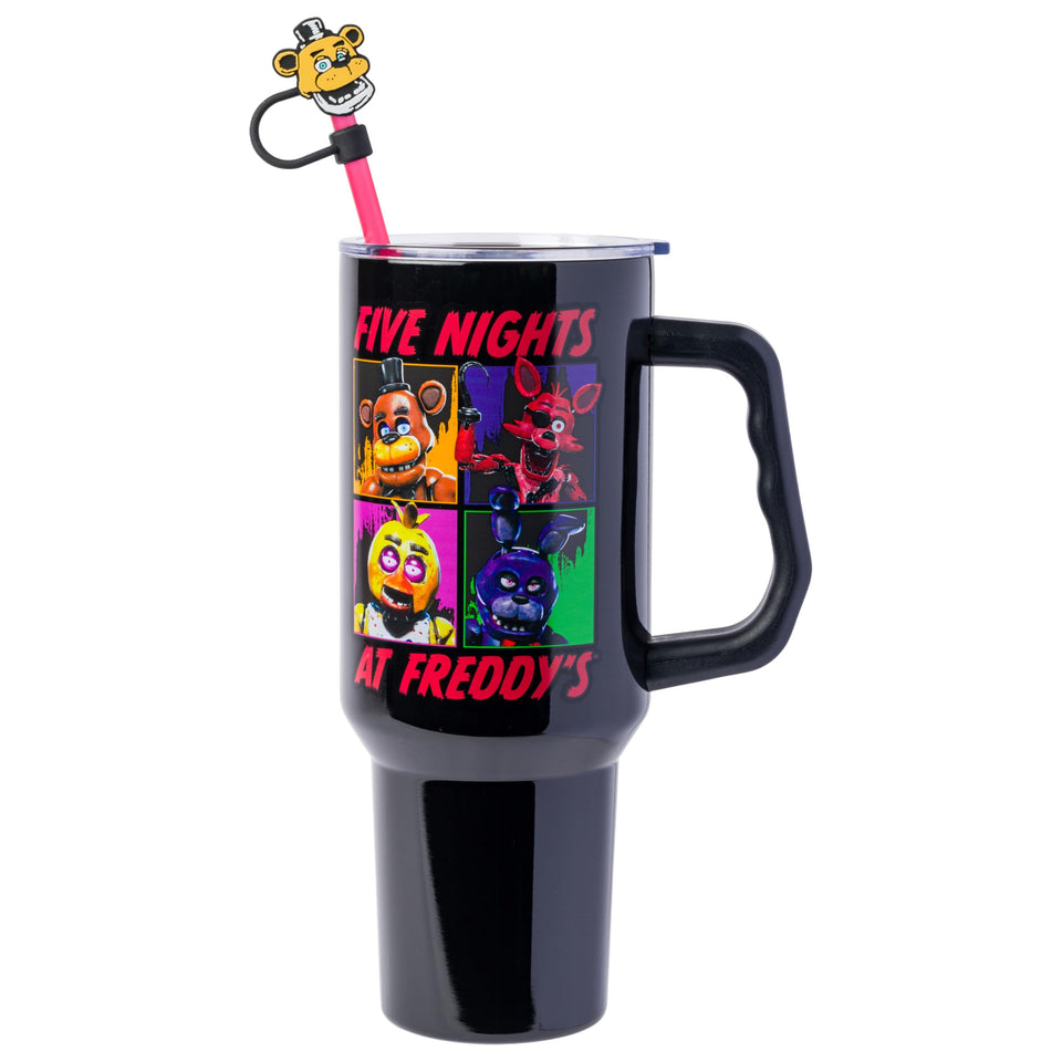 Silver Buffalo FNaF grid tumbler with multicolor characters keeps drinks cold during gaming sessions.