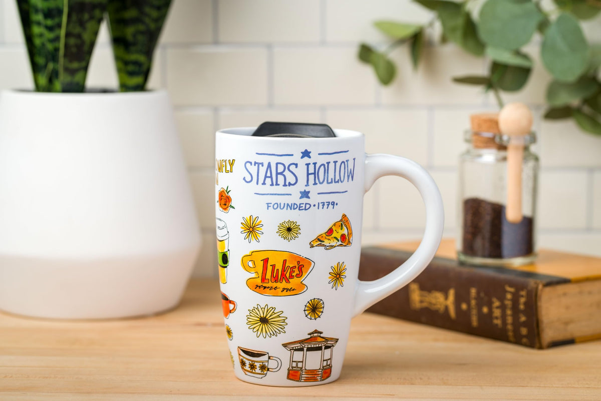 Silver Buffalo Gilmore Girls gazebo mug, great for cozy beverages on commutes.