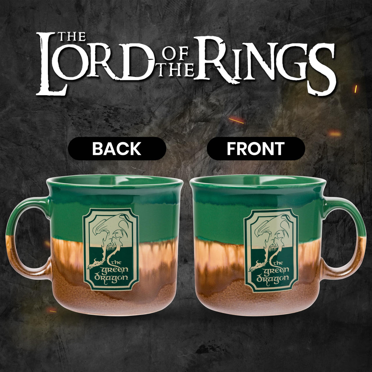 Green Dragon logo on mug displayed against earthy background for collectors.