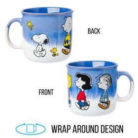 Silver Buffalo Peanuts camper mug featuring Lucy and Sally for daily coffee