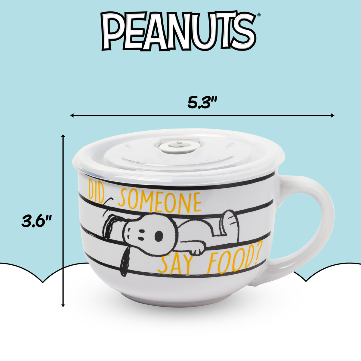 Silver Buffalo Peanuts mug showing microwave and top-rack dishwasher safety.