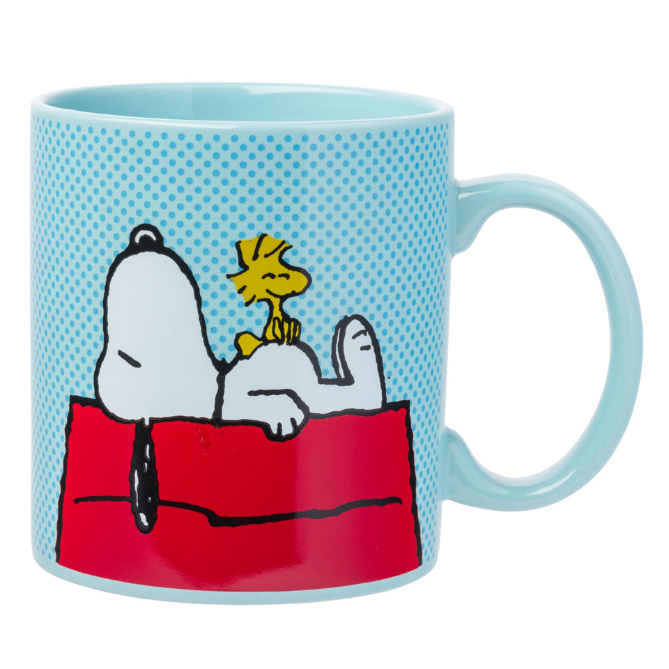 Silver Buffalo Peanuts Snoopy on doghouse mug for fans' daily coffee.