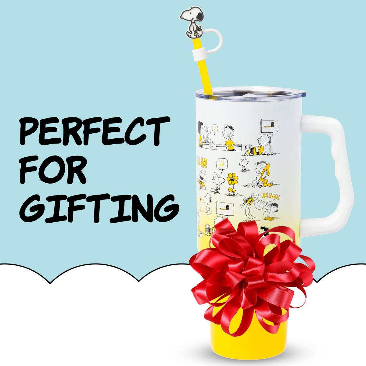 Silver Buffalo Peanuts tumbler with 40-ounce capacity for extended hydration.