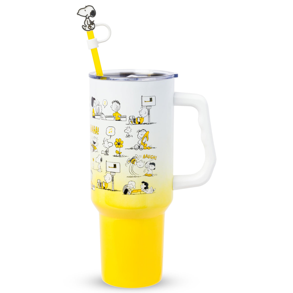 Silver Buffalo Peanuts tumbler featuring Charlie Brown, Snoopy, Woodstock for on-the-go hydration.