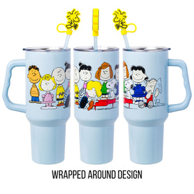 Silver Buffalo Peanuts tumbler featuring Snoopy and Woodstock, perfect for daily hydration.