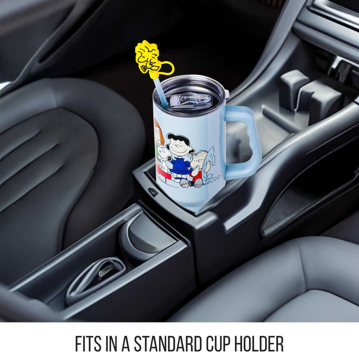 Silver Buffalo Peanuts tumbler's spill-resistant lid and straw prevent messes during commutes.