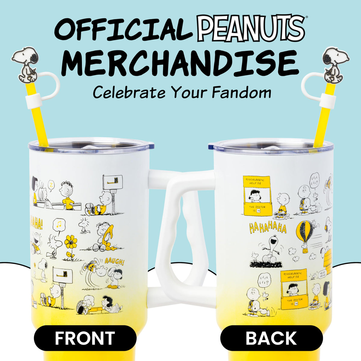 Silver Buffalo Peanuts tumbler with yellow ombre background highlighting nostalgic design.