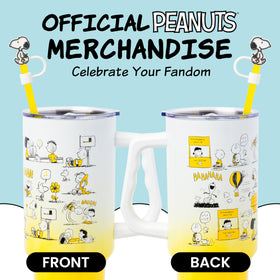 Silver Buffalo Peanuts tumbler with yellow ombre background highlighting nostalgic design.