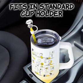 Silver Buffalo Peanuts tumbler with yellow straw topper for easy sipping.