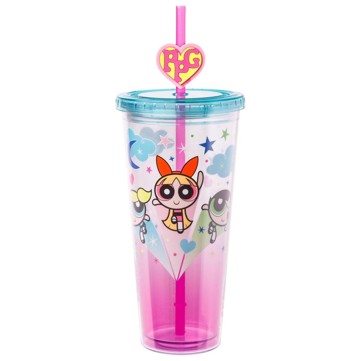 Silver Buffalo Powerpuff Girls 24oz cold cup with pink background for on-the-go hydration.