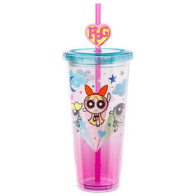 Silver Buffalo Powerpuff Girls 24oz cold cup with pink background for on-the-go hydration.