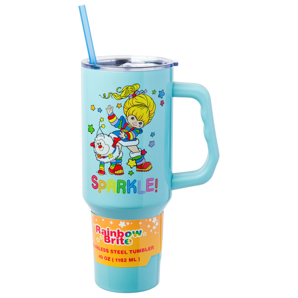 Silver Buffalo Rainbow Brite tumbler front view with Sparkle, ideal for on-the-go hydration
