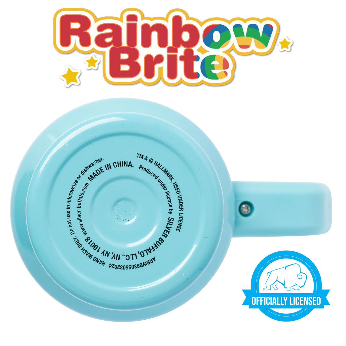 Silver Buffalo Rainbow Brite tumbler with handle in action for travel