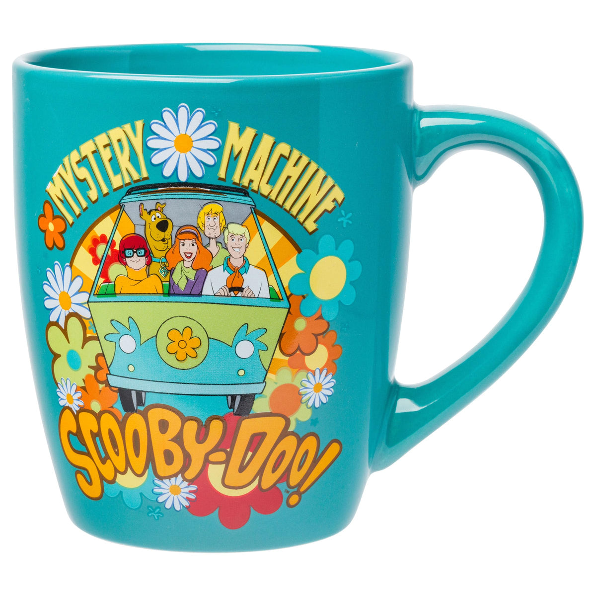 Silver Buffalo Scooby-Doo group Mystery Machine Flowers mug, bold artwork for cozy movie nights and snack breaks.
