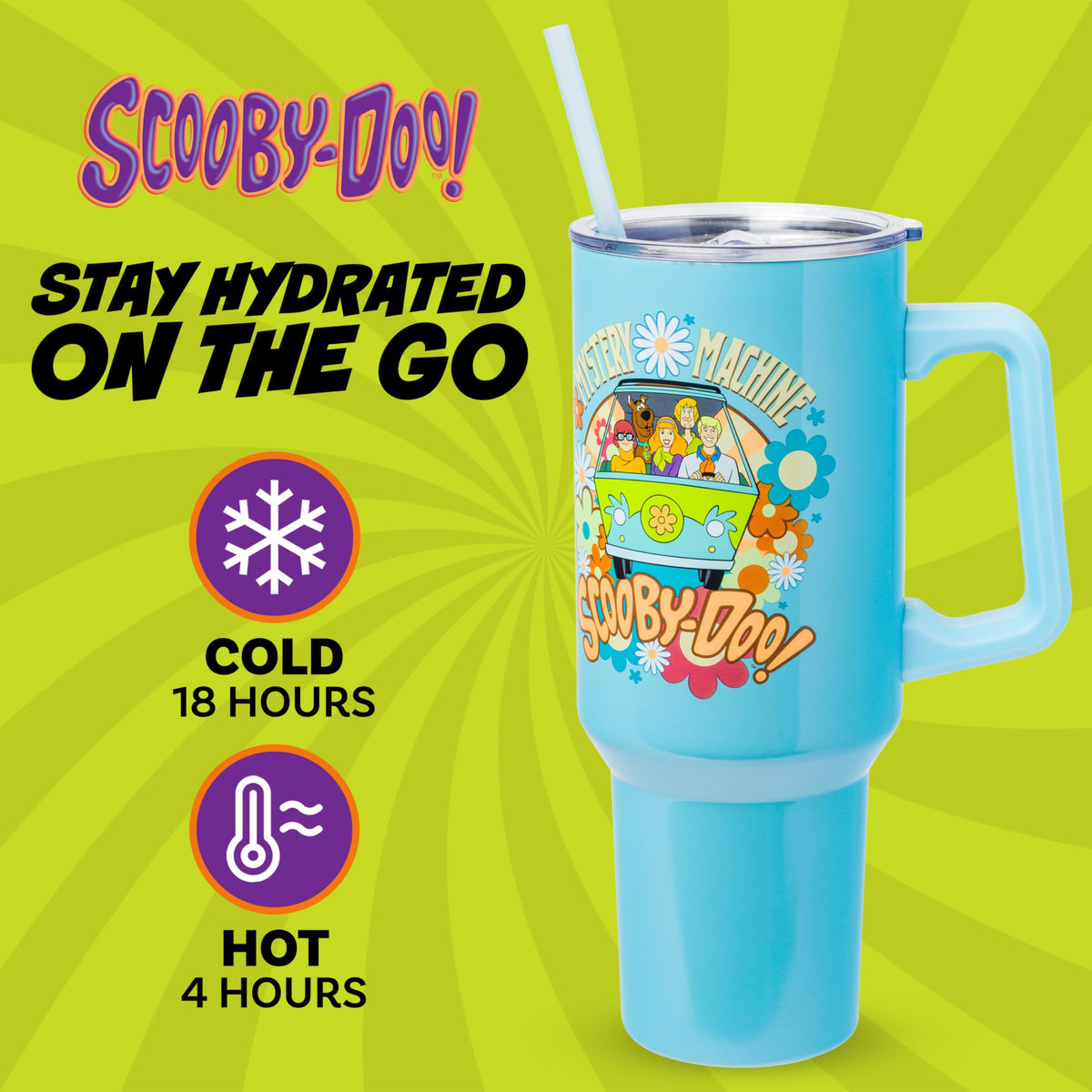 Scooby-Doo Mystery Machine design on stainless steel tumbler