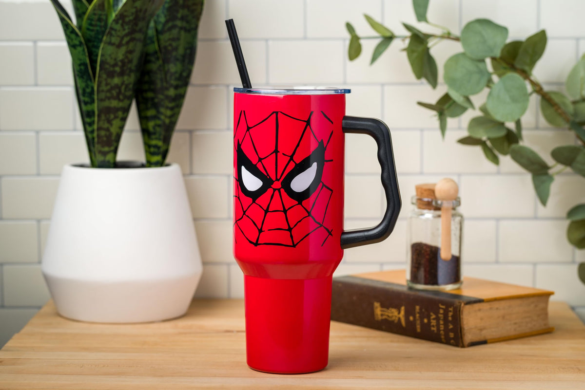 Silver Buffalo Spider-Man tumbler fits standard cup holders for travel