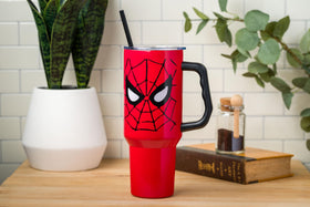 Silver Buffalo Spider-Man tumbler fits standard cup holders for travel