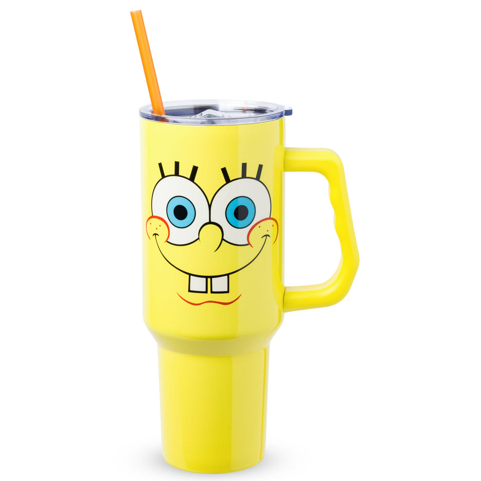 Silver Buffalo SpongeBob tumbler front face design for on-the-go hydration
