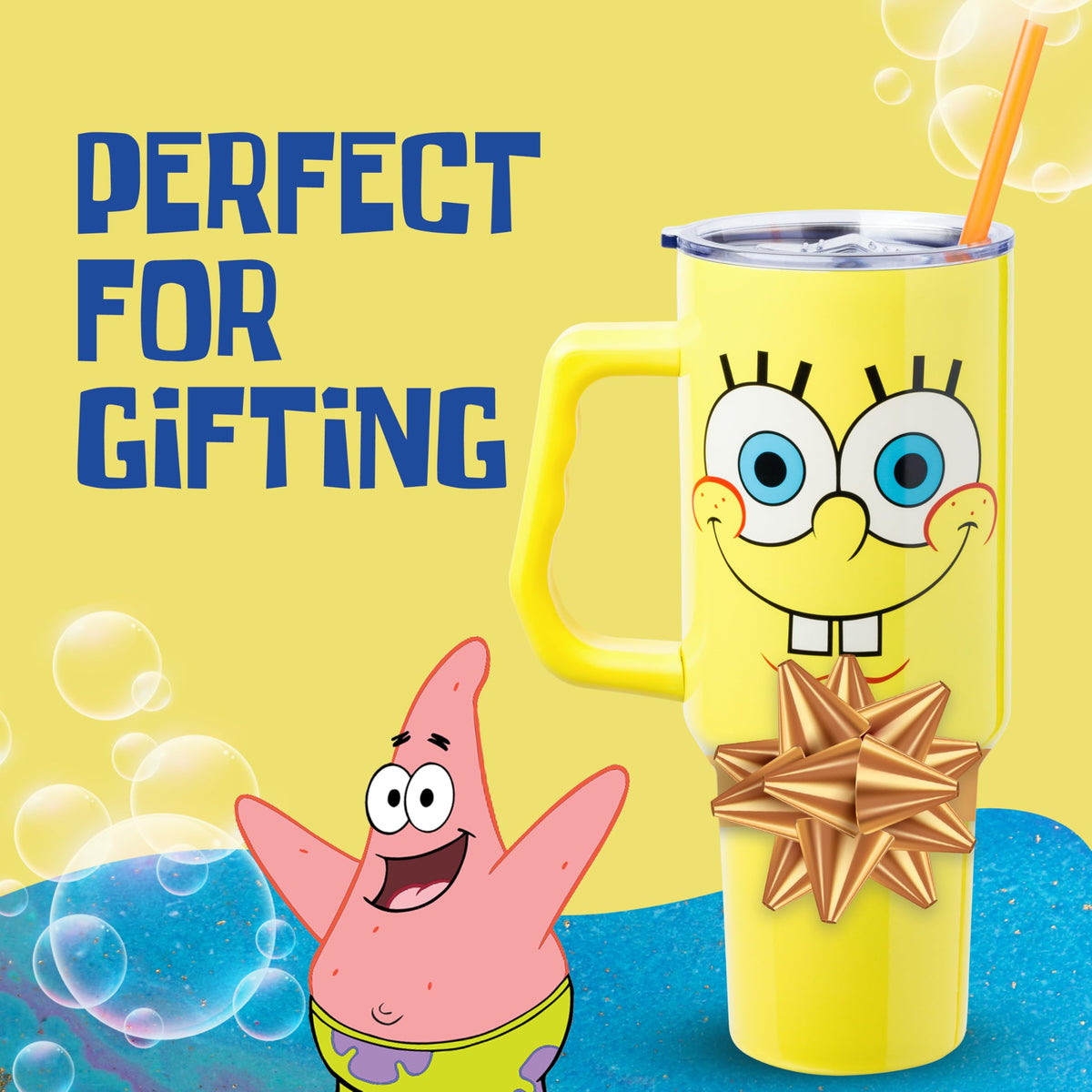 Silver Buffalo SpongeBob tumbler in car cup holder fit