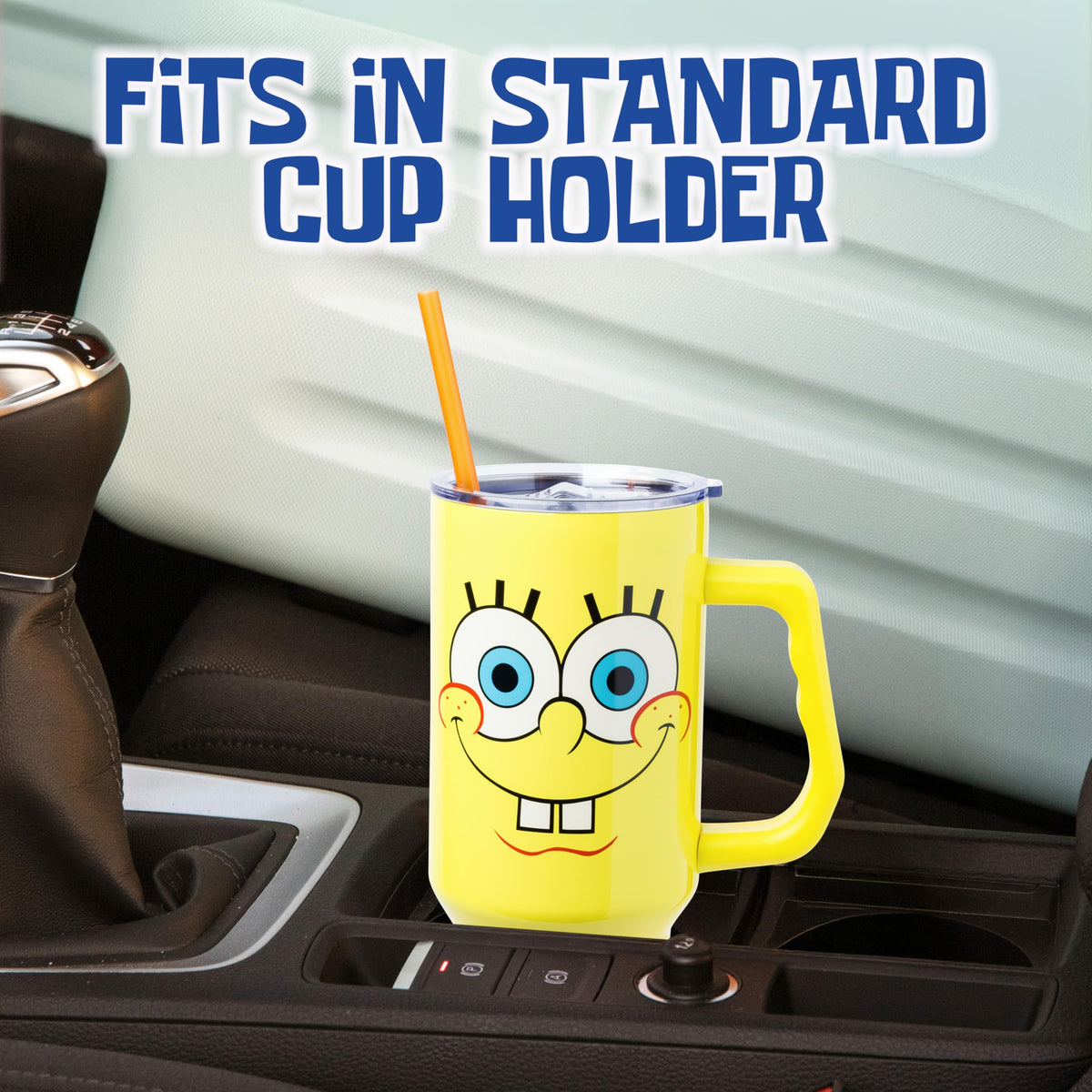 Silver Buffalo SpongeBob tumbler in use during travel
