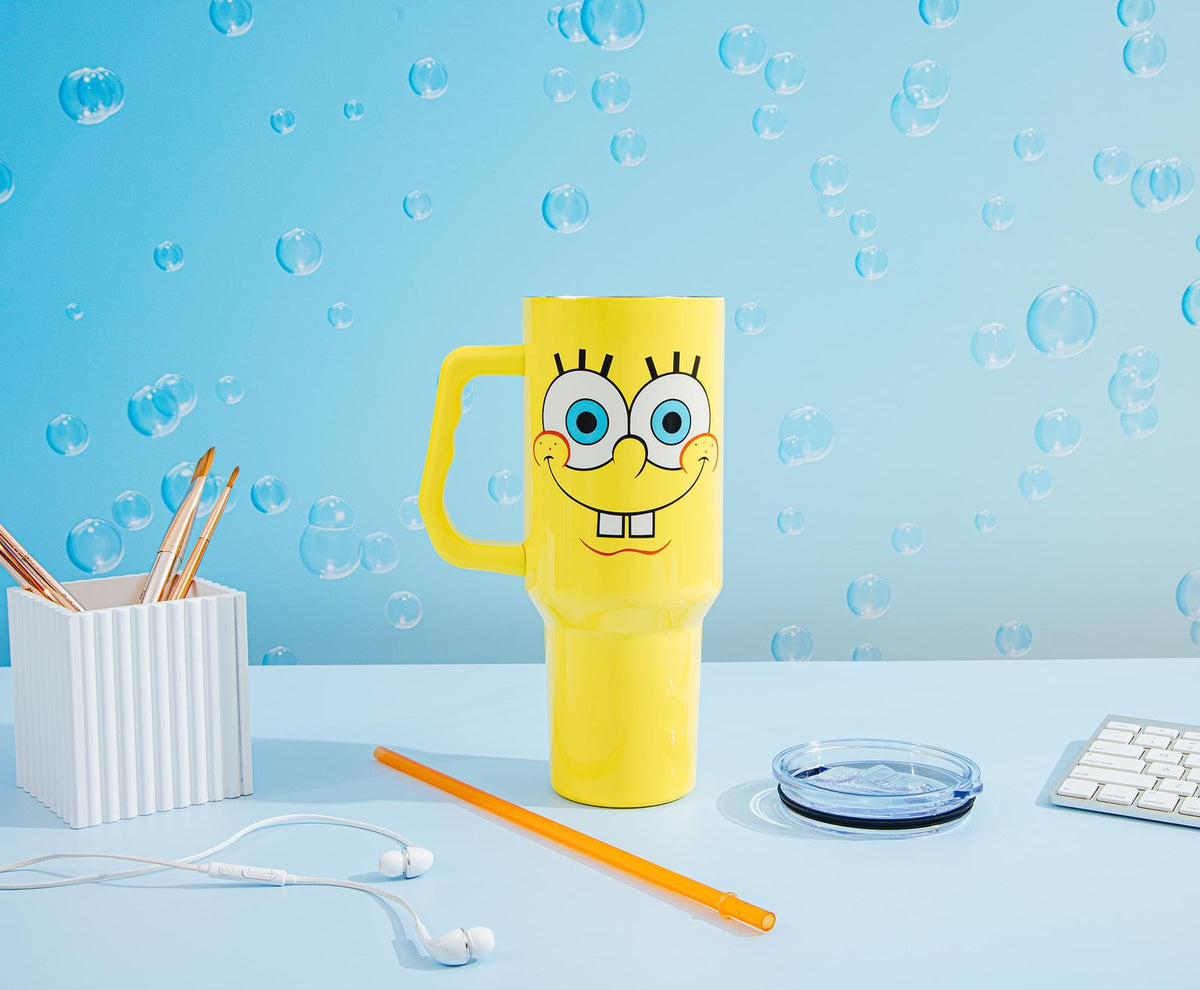 Silver Buffalo SpongeBob tumbler side handle view for easy carrying
