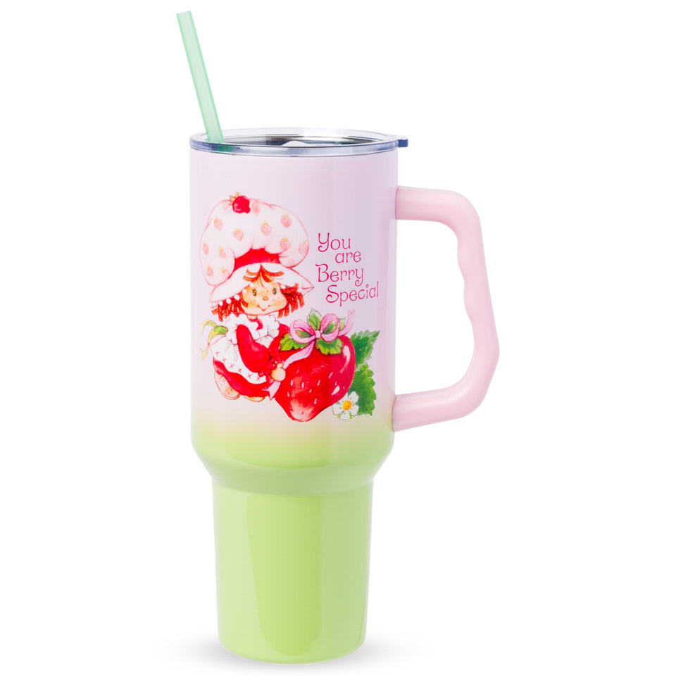 Silver Buffalo Strawberry Shortcake tumbler front view with berry motif, ideal for on-the-go hydration.