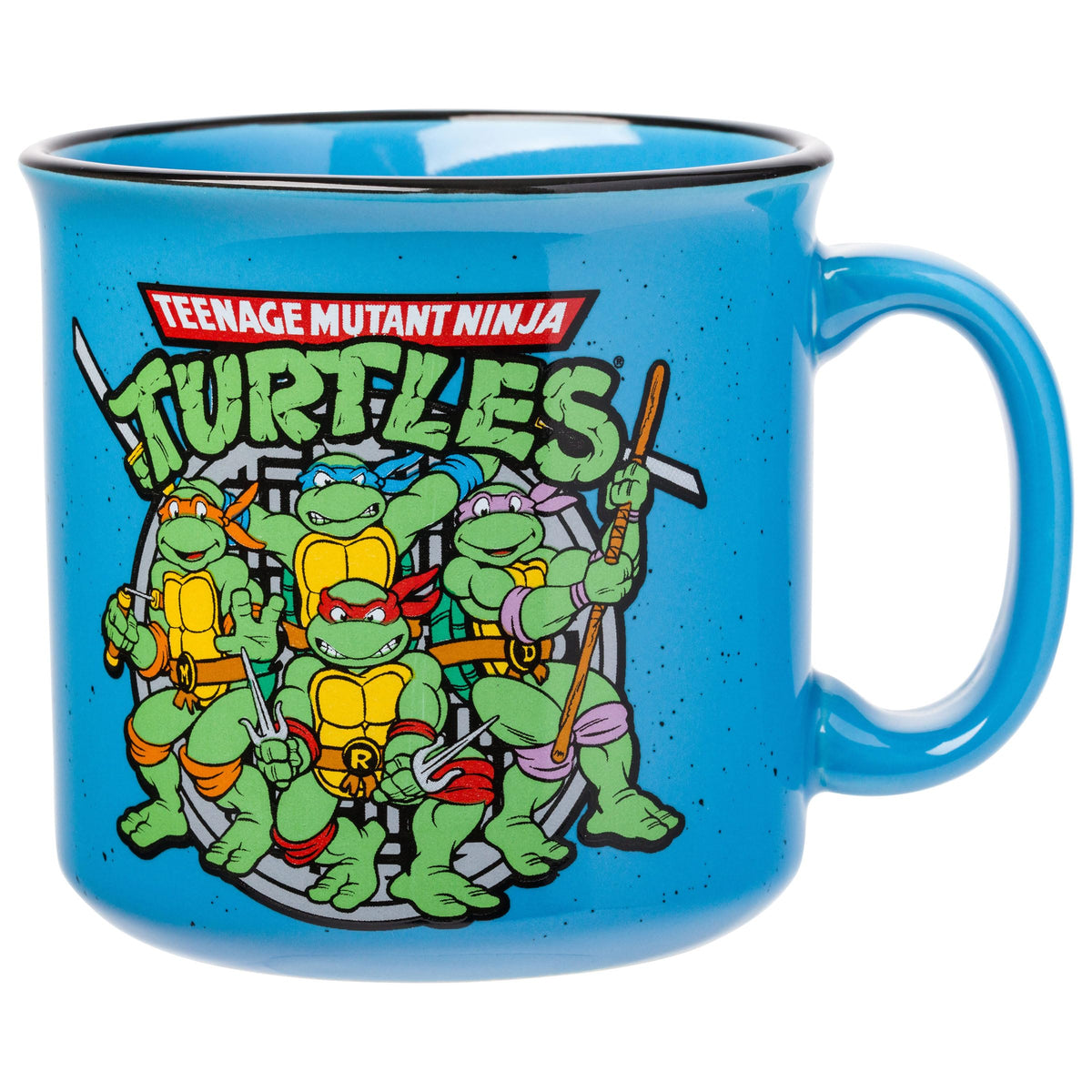 Silver Buffalo TMNT camper mug on blue background, ideal for daily coffee