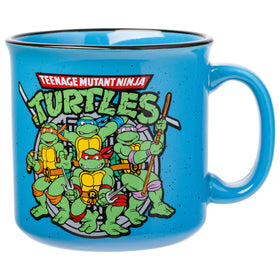 Silver Buffalo TMNT camper mug on blue background, ideal for daily coffee