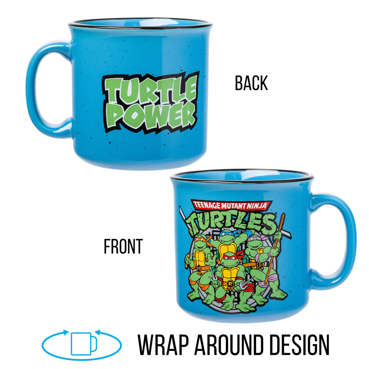 Close-up of Turtle Power artwork on the mug, perfect gift for fans
